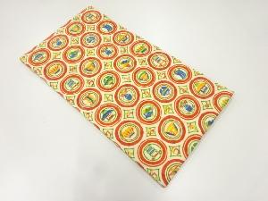 未使用品　縮緬地円に家屋・巻物・鈴模様名古屋帯